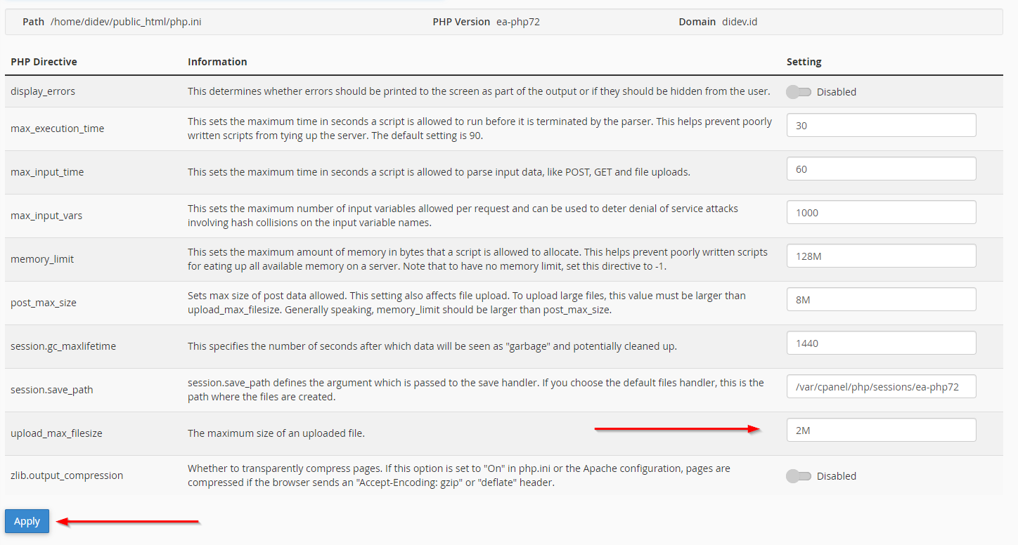 mengubah limit upload di cpanel