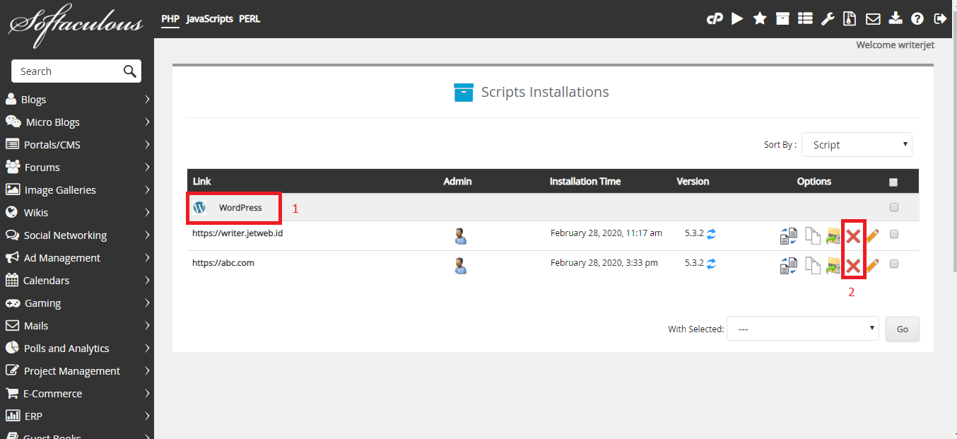Cara Uninstall WordPress Melalui Softaculous