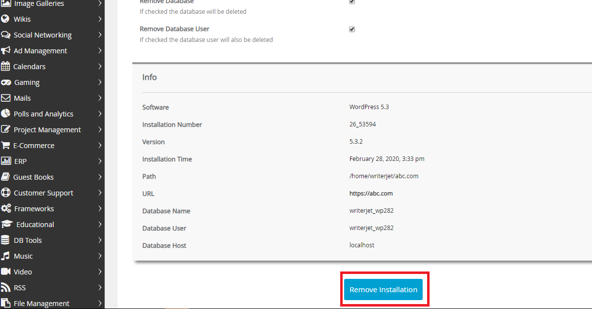 Cara Uninstall WordPress Melalui Softaculous