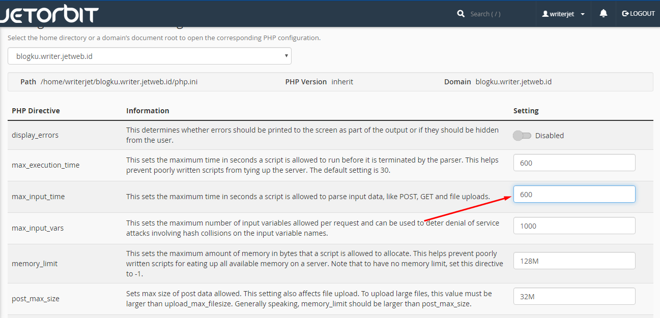 Cara Mengubah Limit Input Parse Data (max_input_time) di Cpanel