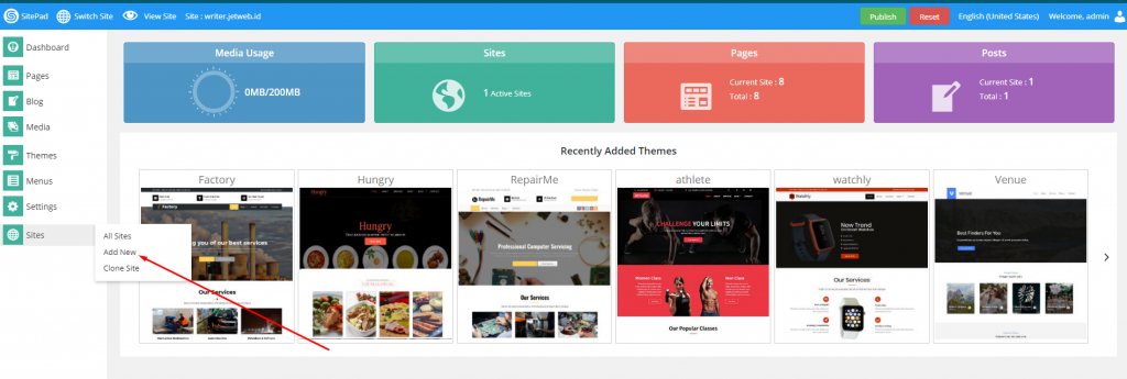 Menambah Website baru di Sitepad Website Builder