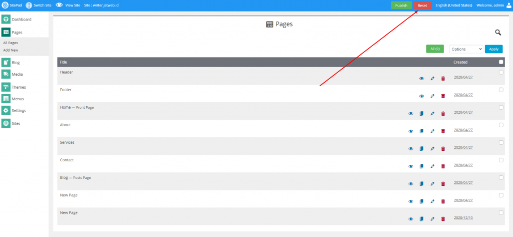 Cara Reset Page,Site dan Blog di SItepad Website Builder