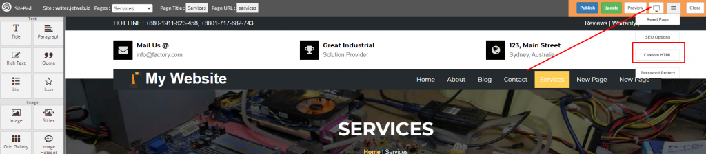 Menambah Custom HTML di Sitepad Website Builder